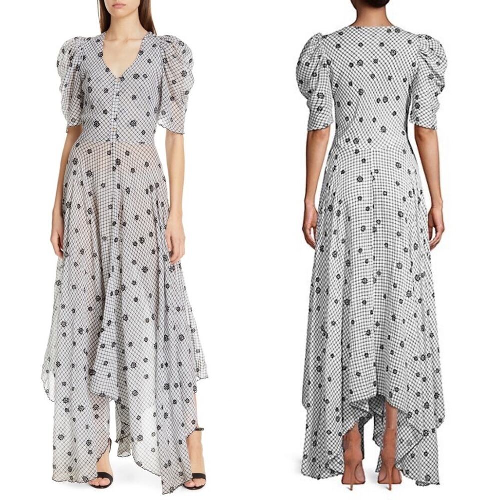 LoveShackFancy Coralie Puff Sleeve V Neck Midi Dress Charcoal Floral Plaid US 0 - Picture 6 of 12